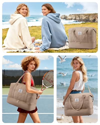 LOVEVOOK Travel Duffel Bag - Versatile Weekender Bag for Women, Puffer Carry On & Overnight Bag for Short Trips, Coffee Brown - Image 3