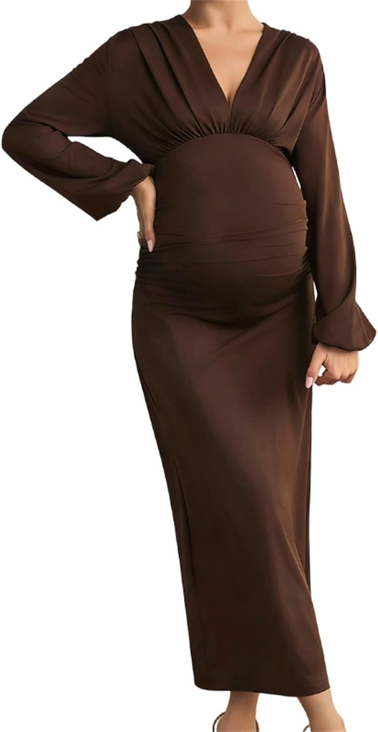 HGps8w V Neck Maternity Dress for Women Long Sleeve Elegant Stretchy Ruched Weat to Work Pencil Dresses Pregnancy Clothes