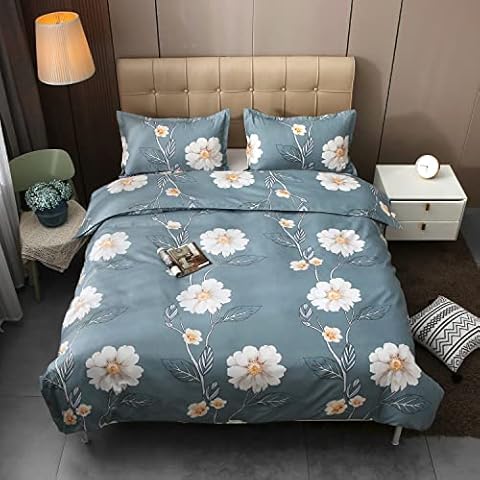 HLWDXno1 Floral Bedding Single Luxury White Flower Duvet Cover Set and 2 Pillowcase 3pc Reversible Design Ultra Soft Microfiber Quilt Cover Anti Allergic Breathable with Zipper Closure, Blue, 140x200 Cover