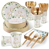 350PCS Sage Greenery Baby Shower Party Supplies Serves 50 Guests Oh Baby Paper Plates, Napkins,Cups, Plastic Forks, Knives,Spoons