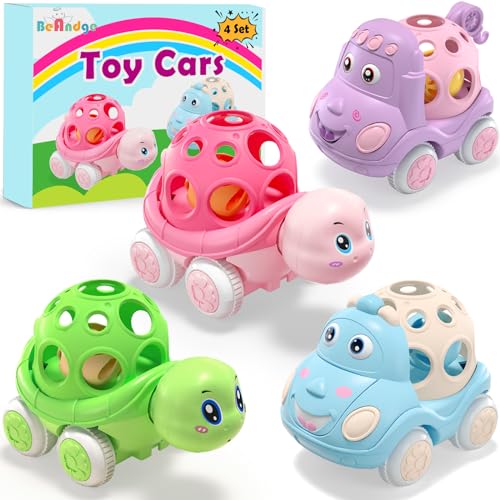 Image of Baby Car Toys for 1 One Year Old Girl & Boy, Pink Rattle Push Cars for Toddler Girls Age 1-2 1-3 Baby Girl Gifts, Green Toy Trucks Soft Rattles for Babies Infant Boys 1+ 2 3 Yr Birthday Gift