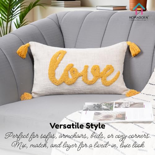 Image of HOMADORN 100% Cotton Text Pattern Handtufted /Embroided Decorative Cushion Cover (12X20 Inches) (1, Love Yellow)