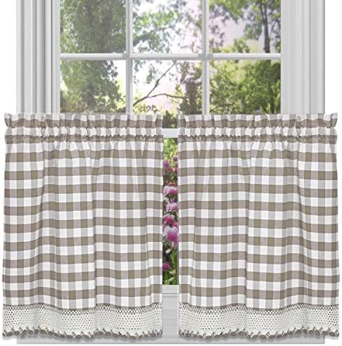 GoodGram Buffalo Check Plaid Gingham Custom Fit Farmhouse Café Styled Window Tier Curtain Treatments - Assorted Colors & Sizes (Taupe, 36 in. Length)