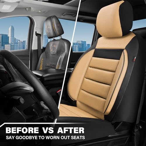 Image of CAR PASS Faux Leather Car Seat Covers Front Seats Only, 3D Foam Support Car Seat Covers, Universal fit for Trucks Vans SUVs Sedans Automotive Comfortable, Airbag Compatible 2 Pieces Front Black Beige