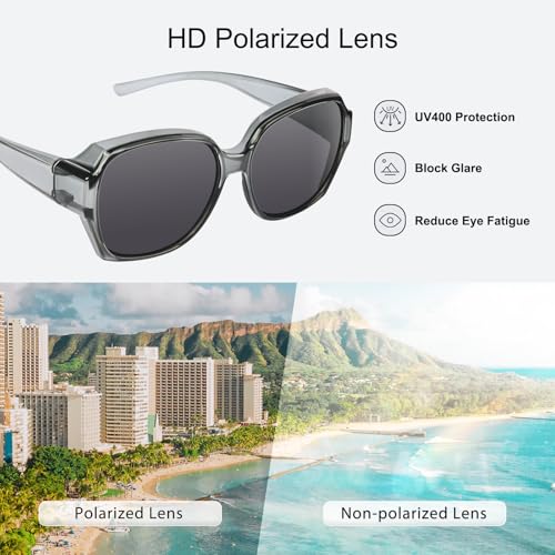 Br'Guras Polarized Sunglasses Fit Over Glasses Sunglasses for Women Men, Trendy Square Fit Over Glasses Lightweight((Transparent grey, Black)2