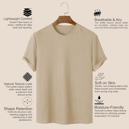 Image of London Hills Men's Waffle Textured T-Shirt | Solid Regular Fit Round Neck Half Sleeve Casual Wear Tee | Soft, Breathable & Lightweight Fabric