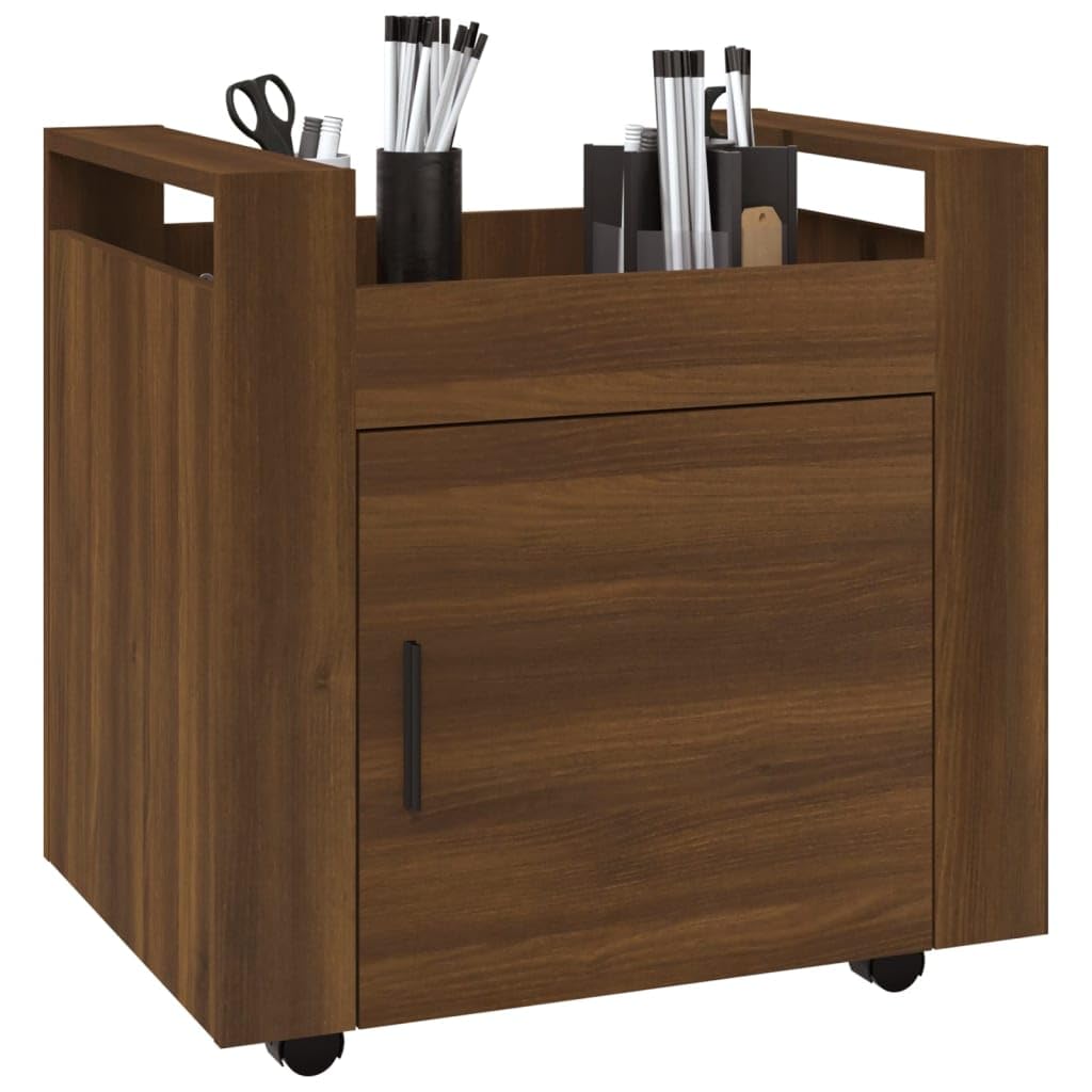 Carro de oficina genérico con puerta, 60 x 45 x 60 cm, madera de ingeniería roble marrón, almacenamiento bajo escritorio sobre ruedas, 4 ruedas móviles para organizar suministros y documentos