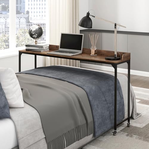 MATONELL Rustic Brown Wood Finish Multipurpose Over The Bed Desk with Adjustable Height, Metal Legs with Casters, Overbed Table 1pc, Laptop Table for Bed, Breakfast Tabl