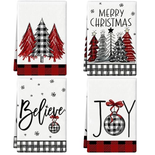 FNSIGHD Tea Towels Kitchen Towels Absorbent Lint Free Quick Drying Dish Cloth Buffalo Plaid Snowflake Trees Stars Dish Towels Set for Drying Dishes Clothes Home Decorations