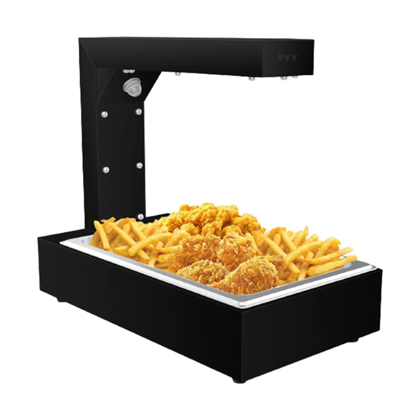 Stazione riscaldante per alimenti in acciaio inox con lampada riscaldante, ideale per catering, eventi e uso domestico.