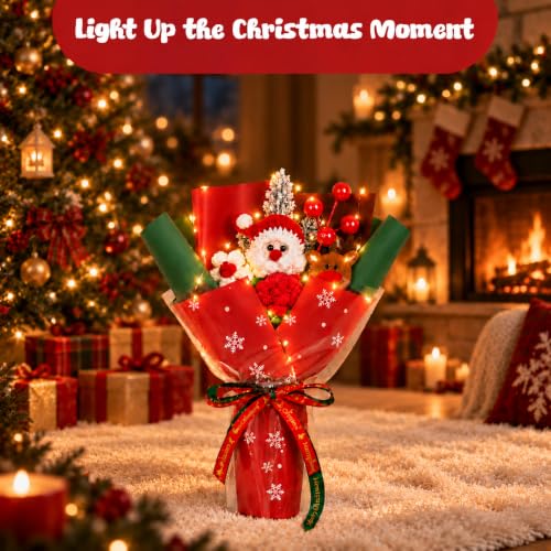 Image of Christmas Crochet Flower Bouquet with Santa & Reindeer, Handmade Xmas Gift