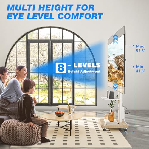 Rfiver Sleek Rolling TV Stand with Power Outlet for Home Decor, Height Adjustable Portable TV Stand on Wheels for 32-75 Inch TVs, Strong Tall Mobile TV Cart with Mount Up to 88 lbs, White