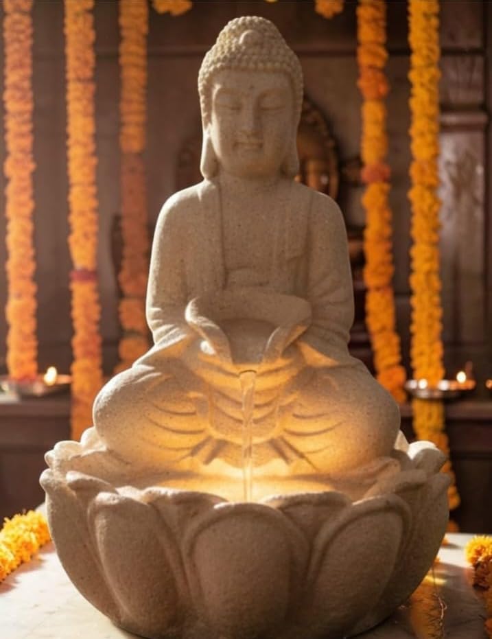 18 inch Buddha Statue Indoor Water Fountain with LED Light, Lotus Base | Flowing Water Feature, Warm LED Glow, Meditation Decor, Sandstone Finish, Table Top Fountain-image-47