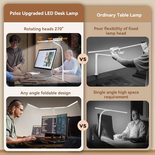 Image of Pzloz Led Desk Lamp with Clamp: Architect Desk Lamp for Home Office, Eye Caring Double Head Computer Monitor Work Desk Light with Remote Control - 24W Flexible Dimmable Desktop Table Lamp White