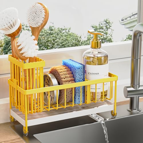 Image of Cisily Sponge Holder for Kitchen Sink, Sink Caddy Organizer with High Brush Holder, Kitchen Countertop Organizers and Storage Essentials, Rustproof 304 Stainless Steel (Yellow, 9.25″)