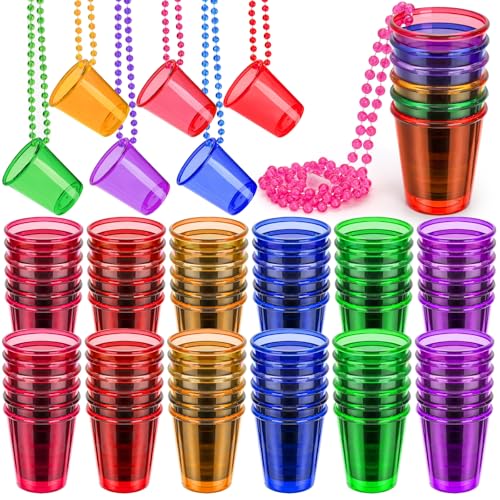 Cididu 36 Pack Shot Glass on Beaded Necklaces Disposable Plastic Shot Cups Bachelorette Bulk Adult Mini Shot Glasses for Drinking Party Birthday Wedding Mardi Gras St. Patricks Day 2 Oz