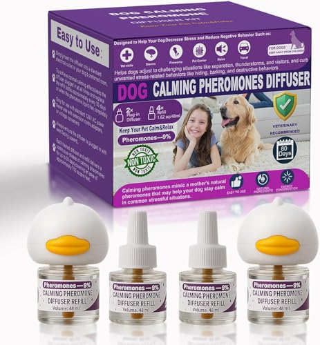 Dog Calming Pheromones Diffuser 6 in 1 Kit Appeasing Pheromone Diffuser to Calm (2 Plug in+4 Pack 48ml Refill) for Anxiety Relief Reduce Aggression Fighting Barking Stress 120 Day Supply (Purple)