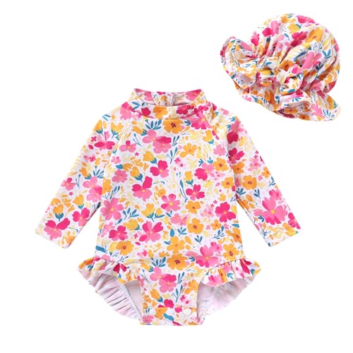Image of Infant Baby Girl Swimsuit One-Piece Long Sleeve Rash Guard with Hat Set Floral Zipper Bathing Suit Leopard Beach Wear