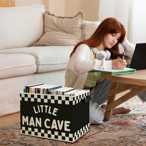 Image of Little Man Cave Boys Storage Bins Box with Handles, Black White Checkered Collapsible Basket Organizer for Kids Boys Playroom Nursery Room Bedroom Bathroom Books Clothes
