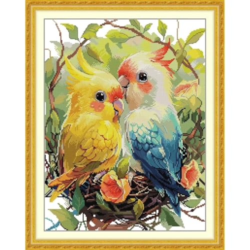 Image of Stamped Cross Stitch Kits Full Range of DIY Needlepoint for Adult Beginners Pattern, for Gift and Home Decor 14CT 2 Strands A Pair of Parrots.,14.6x18.5 inch