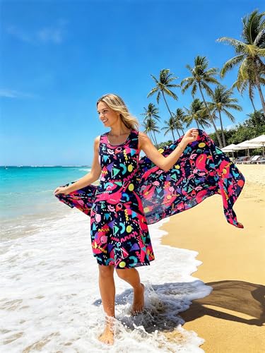 Image of uideazone Women Funny Print Sleeveless U Neck A Line Casual Midi Dress | Soft Stretchy Breathable Fabric Flared Swing Sundress Fitted Waist for Daily Wear 80 /90s Themed Party Beach Vacation Trips