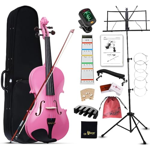Aileen 4/4 Violín de Tamaño Completo para Adultos Principiantes, Fiddle Kit de Iniciación para Niños de 12 Años o Más, Rosa Violín Set Estudiante con 13 Accesorios, incluyendo Atril, Pegatina Nueva