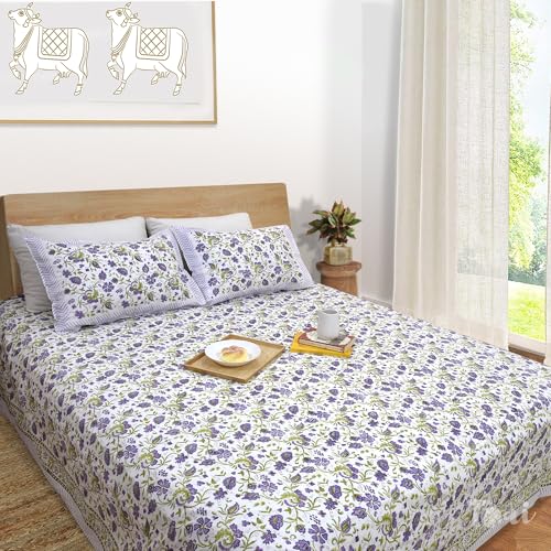 Image of TOAI Hand Block Printed Bedsheet | Bed Spread Flatsheet Bed Sheet | Pure Cotton | Queen Size 90 inchx108 inch | 210 TC Luxury Cotton | 2 Reversible Pillow Covers |Small Lavender Flowers