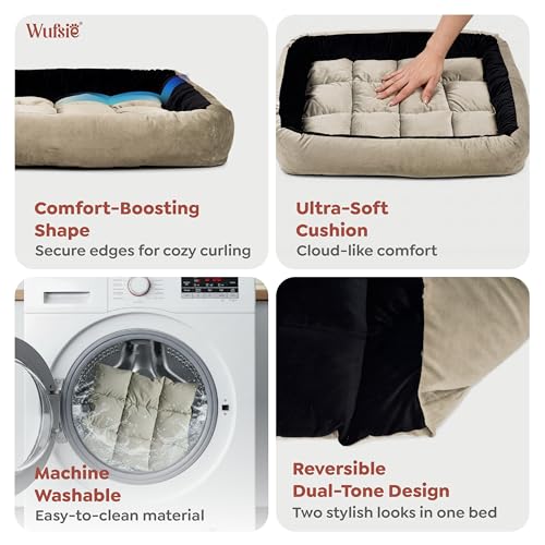 Image of Reversible Rectangle Dog Bed | Medium 60 X 75 Cm Pet Bed for Dogs and Cats | Premium Velvet, Washable Fabric | Soft Sofa-Style Bed for Dog with Thick 15 Cm Insert | Black & Cream