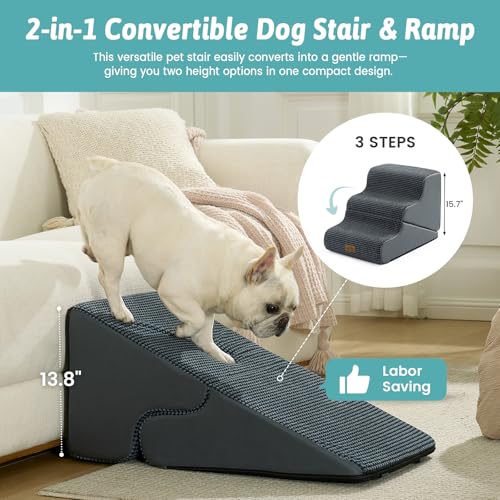 Image of COZY KISS Dog Stairs for Small Dogs, 3-Step 2-in-1 Dog Steps,15.7 inch H