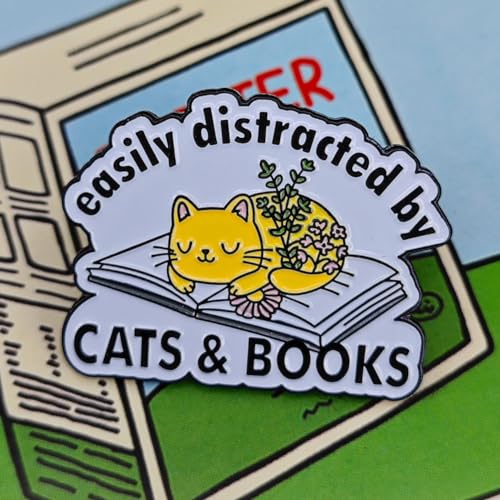 Image of Easily Distracted By Cats And Books Enamel Pin Animal Pet Reading Brooch Badge Lapel Pin for Clothes Bags Backpacks for Cat and Book Lovers