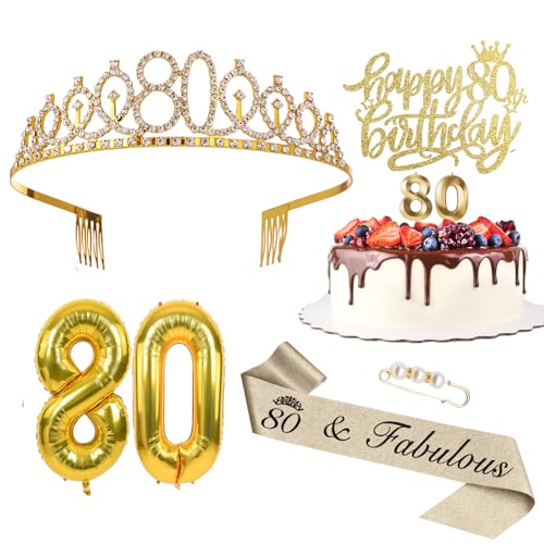 Decoração para 80 anos de mulher, coroa de aniversário e faixa de 80, decoração para bolos e velas, balão dourado 80, presente de aniversário para 80 anos mulher