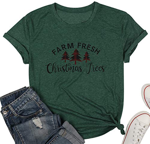 LUKYCILD Farm Fresh Christmas Trees Shirt Women Christmas Holiday Short Sleeve Letter Print Tee Top (Green-2, X-Large)