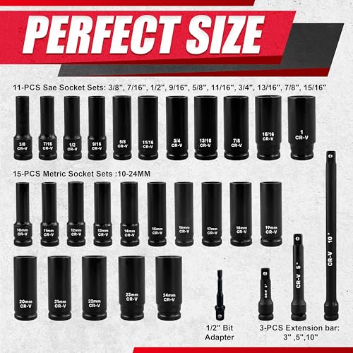 1/2" Drive Impact Socket Set, SAE and Metric, Cr-V Steel, 6 Point Deep & Shallow Sockets (30pcs 1/2" Socket Set)