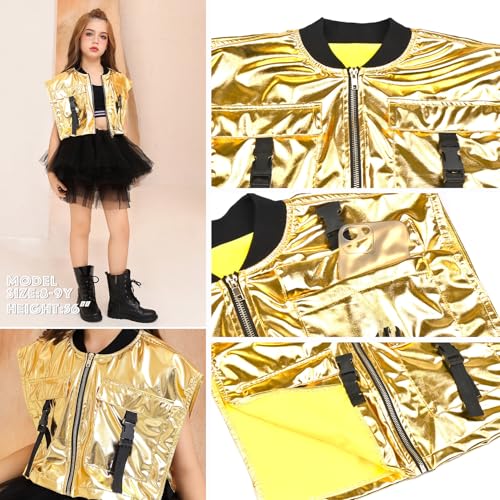 Image of Perfashion Girls Vest Cropped Cargo Metallic Jacket Buckle Zip Up With Pockets Streetwear Outfit 4-13Y