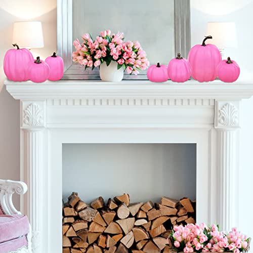 Image of 7 Pcs Assorted Sizes Hot Pink Artificial Pumpkins Fall Decorative Pumpkins Deep Pink Foam Pumpkins for Gifts Fall Halloween Thanksgiving Wedding Baby Shower Farmhouse Table Centerpiece Mantel Decor