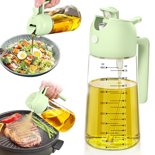 Velvaria 2 in 1 Oil Sprayer & Dispenser Bottle 470ml Glass Mister with Ergonomic Handle Non-Drip Pour Spout for Air Fryer Salad & BBQ Healthy Cooking Gadget (Green)