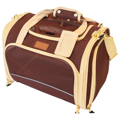 PETPROVED Transportin Perro Gato Grande Transportin Perro Pequeño Coche Mediano Trasportines para Gatos Coche Bolsa Transporte Homologado para Avion Cabina (M Marrón)