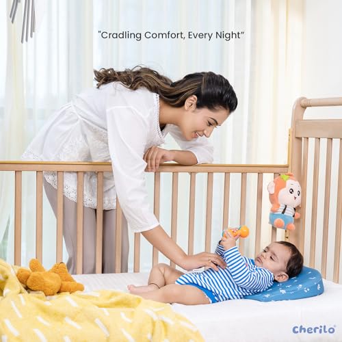 Image of Cherilo C Shaped Elevated Wedge Baby Pillows for New Born,Pillow for Kids,Crib & Mattress,Prevents Acid Reflux,Colic,Gerd,Heat Burn & Vomiting,15 inch X 12 inch X 3 inch - with Cover - Star Design - Blue