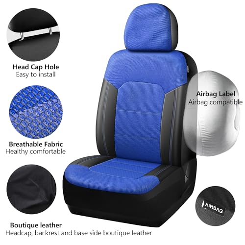 Image of HChengkikz Front Car Seat Covers, Air Mesh, Breathable (Black + Blue)
