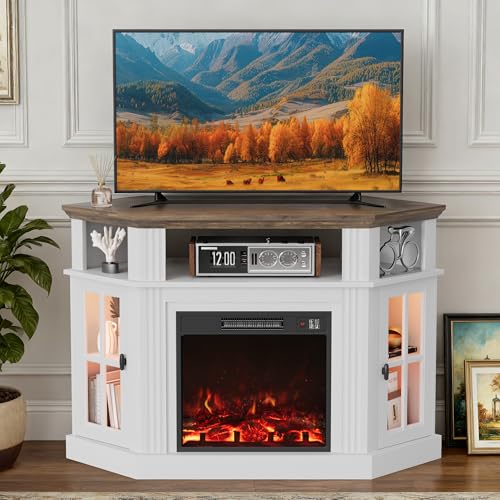 Furmax Fireplace Corner TV Stand for Up to 55 Inch Modern Console with 18 Inch Electric Fireplace Entertainment Center with Open Shelf and Storage Cabinets for Living Room (LED Antique White)