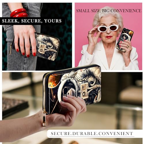 RFID-Blocking Zip Around Wallets for Women with Detachable Wrist Strap,Large Capacity Phone Holder with Card Organizer & Coin Pocket,Gorilla Astronaut4