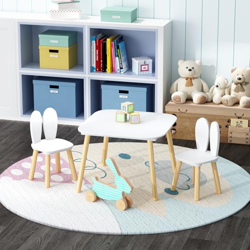 Image of Wood Table & Chairs 3 Pieces Set, Boys Girls Activity Table w / 2 Animal Shaped Chairs, Solid Wood Legs, Safe Rounded Corners, Playroom Furniture for Boys & Girls Activity Dining Drawing Craft.