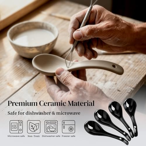 Image of DOWAN Soup Spoons, Ceramic Asian Soup Spoons, Black Japanese Spoon Large for Ramen Pho Wonton Dumpling Miso, Deep Oval Hook Design, Set of 4 (Black)