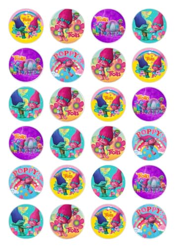 Lot de 24 décorations en papier comestible pour cupcakes et gâteaux Motif Trolls