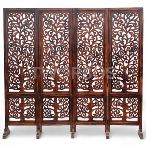 Image of Wooden Room Partition /Screen /Room Divider /Room Separator Traditional Handicrafts 6Ft (Dark Brown) (Tree 4 Panel with Stands)