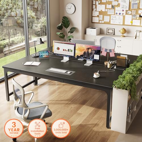 Image of Huuger 71 x 31.5 Inch Desk with Power Outlets & USB-C, 0.95 Inch Thicker Desktop, Robust Metal Tubes, Deep Computer Desk, Heavy Duty Office Desk, Work Desk for Home Office, Black