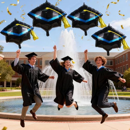 Image of Graduation Cap Balloons, Congrats Balloon for Graduation Decorations 4 Pcs Black Gold 2026 Grad Hat Foil Mylar Balloon for High School College Class of 2026 Congratulations Graduate Party Decoration