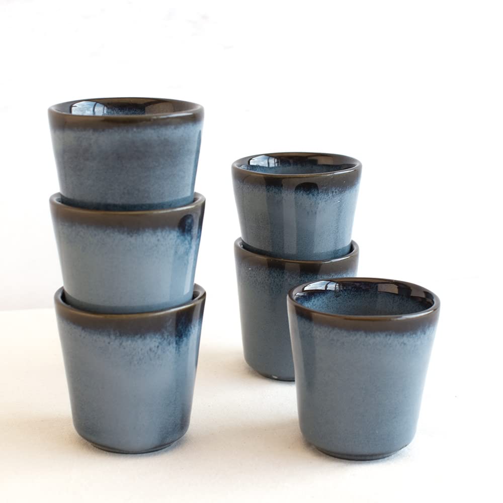 Espressotassen 6er Set aus Steingutt Keramik 75ml, Handfinish, Blau, MELIDES