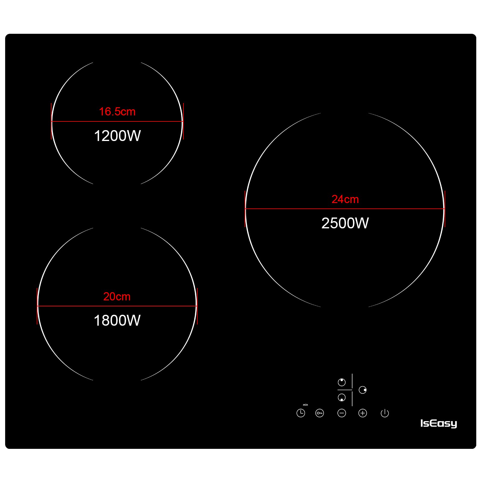 Piastra di cottura in vetroceramica elettrica (6600 W, 3 fuochi, 60 cm, da incasso, automatica, touch, timer, vetro-ceramica) -3 zone