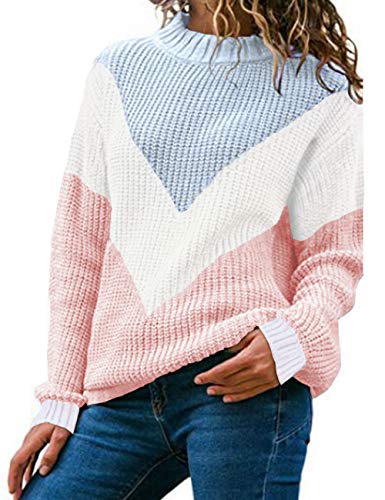 shermie Womens Sweaters Colorblock Stripe Pullover Long Sleeve Crewneck Knitted Sweaters (Grey/Off-White/Pink) Small